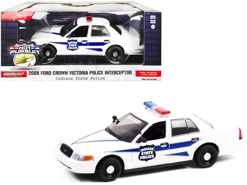 Greenlight 2008 Ford Crown Victoria Police Interceptor White with Dark Blue Stripes Indiana State Police Hot Pursuit Series 1/24 Diecast Model Car